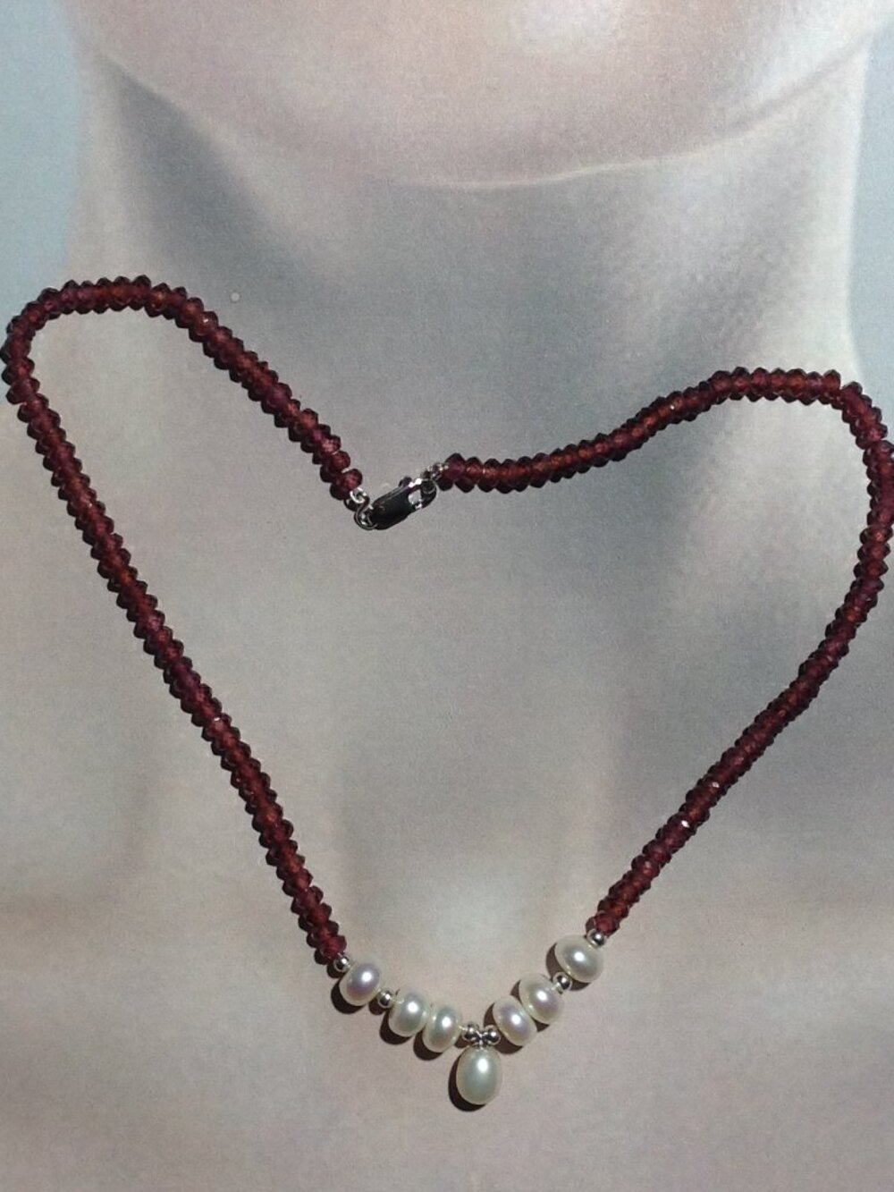 Natural Faceted Ronelle Garnet Beads and Freshwater Pearl Necklace.